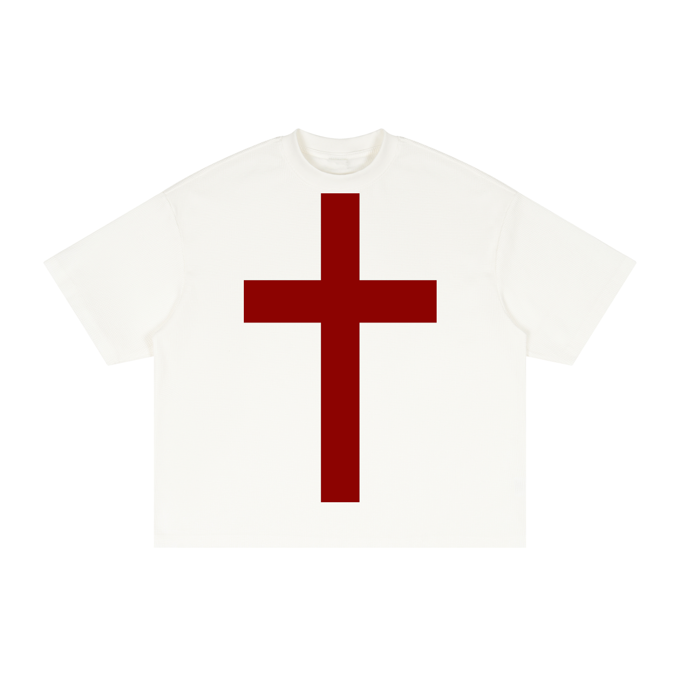 The Cross — oxblood cross centred on a white waffle-knit boxy tee