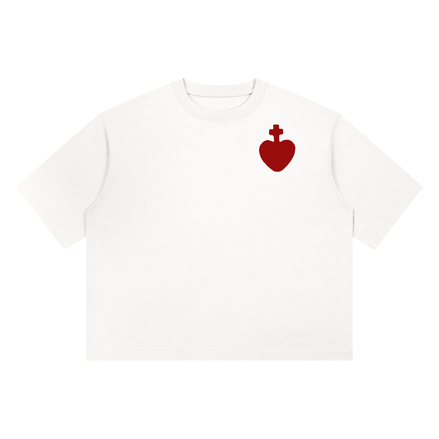The Sacred Heart — oxblood Sacred Heart at the left chest on a heavyweight white tee